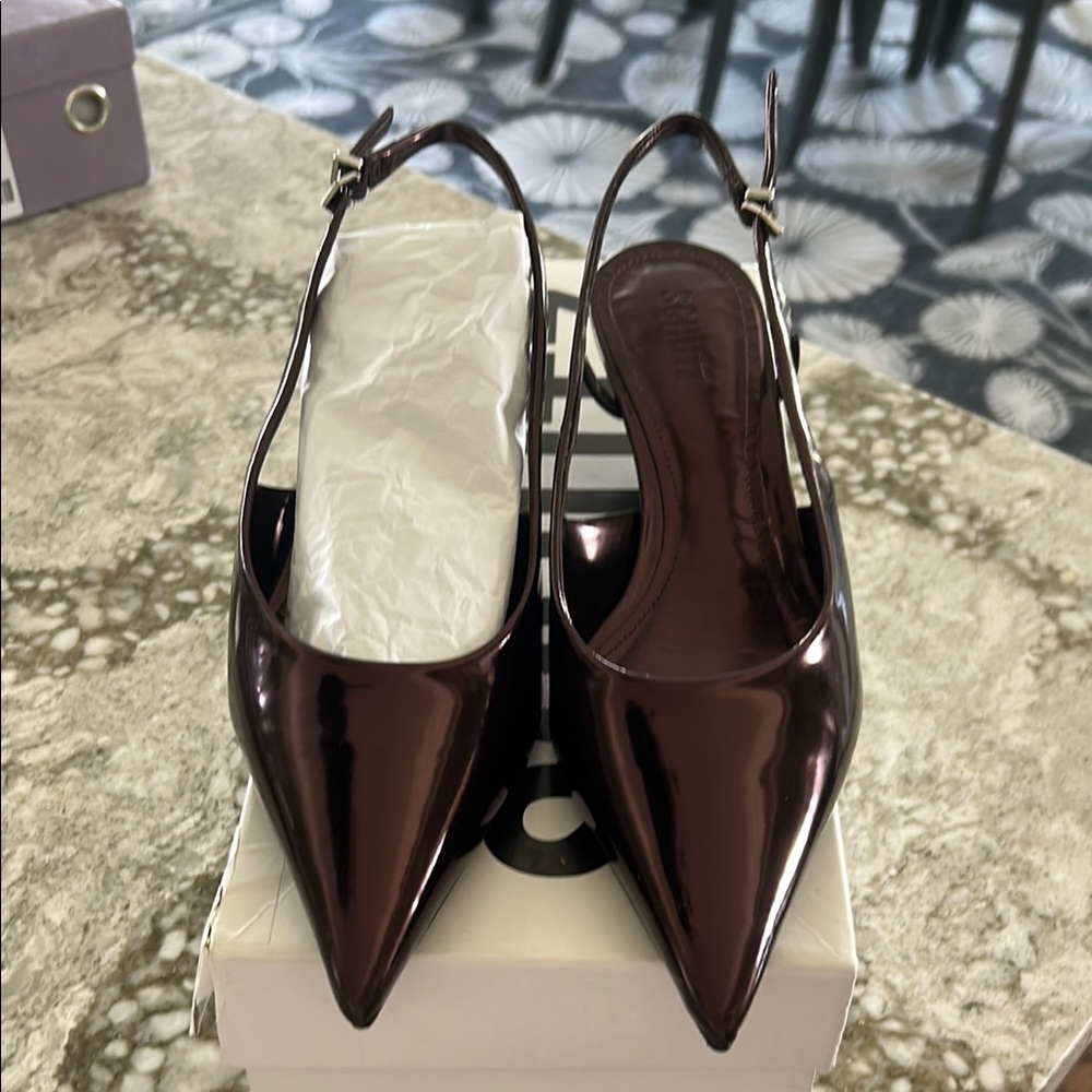 SCHUTZ Brown Glossy Kitten Heel Slingbacks